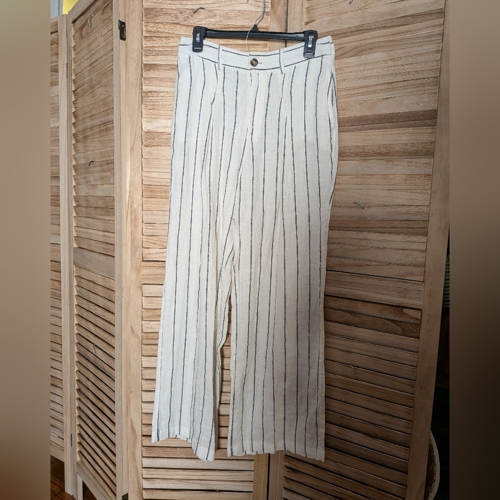 Joie 100% Linen Stripe Wide Leg Pants Ivory Black Stripe Size 6 - Picture 2 of 5